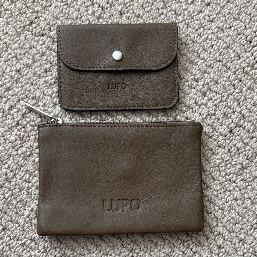 LUPO Brown Leather Card Holder & Zip Pouch Set